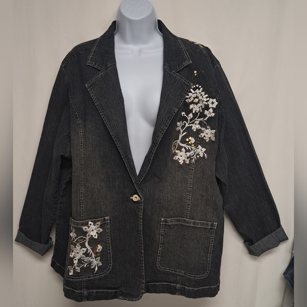 Denim 24/7 Black Jean Jacket with Floral Embroidery